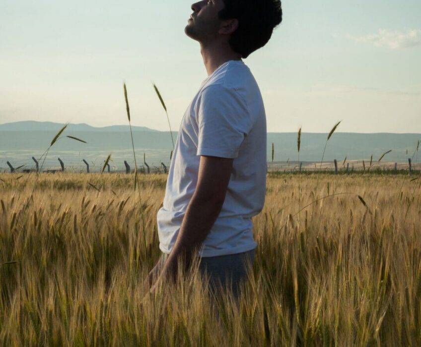 A man in a wheat field looks up toward a clouded sky, a picture of hearing God's promise