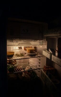 The dim, cluttered inside of an open refrigerator, echoing the devotional's food cravings illustration.